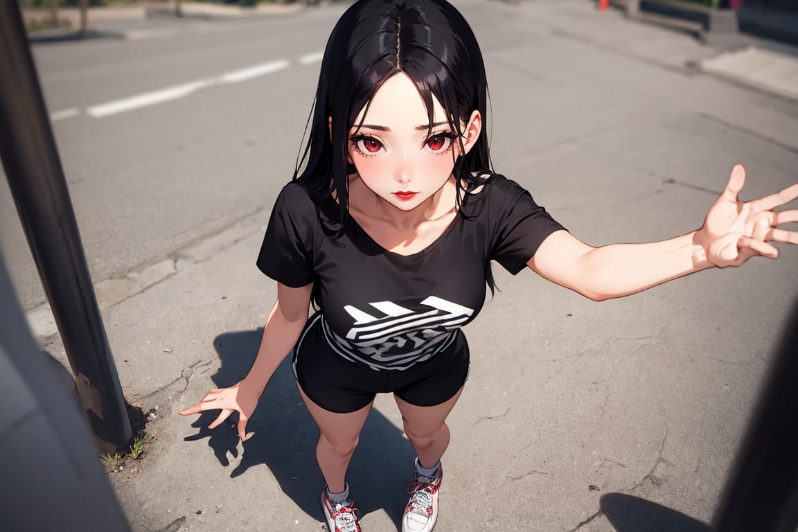 (masterpiece), best quality, highly detailed, 1girl, mature female, black hair, long hair, straight hair, forehead, black eyes, shirt, short sleeve, shorts, sneakers, standing, outside, [fisheye lens:: 1], foreshortening, from above