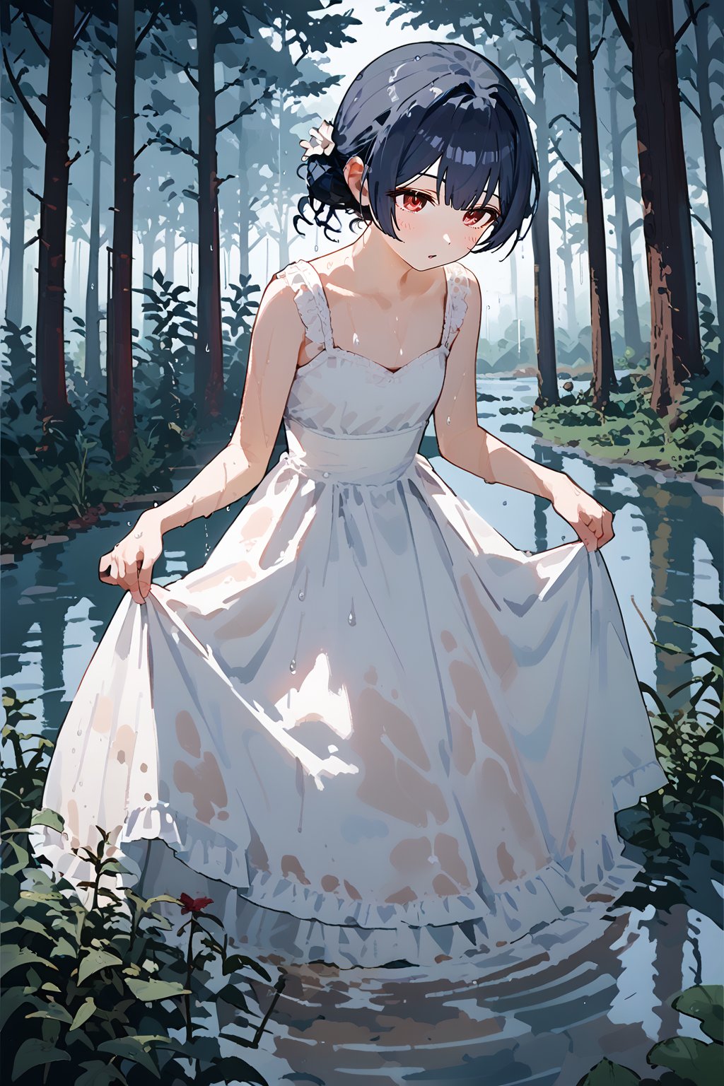 (score_9,score_8_up,score_7_up), mud,dcr34sed_c0l0ring,<color> theme, 1girl, morino rinze, dark blue hair, single hair bun, red eyes, white dress, sundress, skirt hold bowing, outdoor, tress, river, forest, rainy, wet