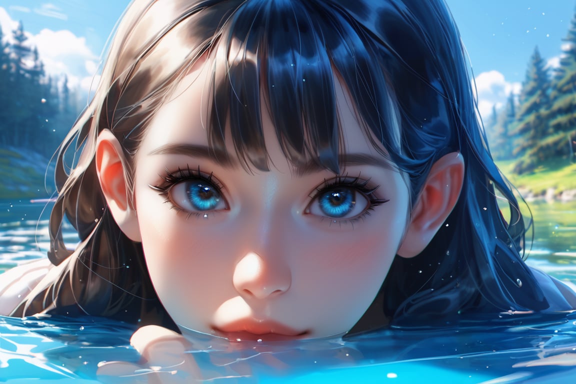 score_9, score_8_up, score_7_up, wlop, 1girl, face focus, partially submerged, lake, trees, 