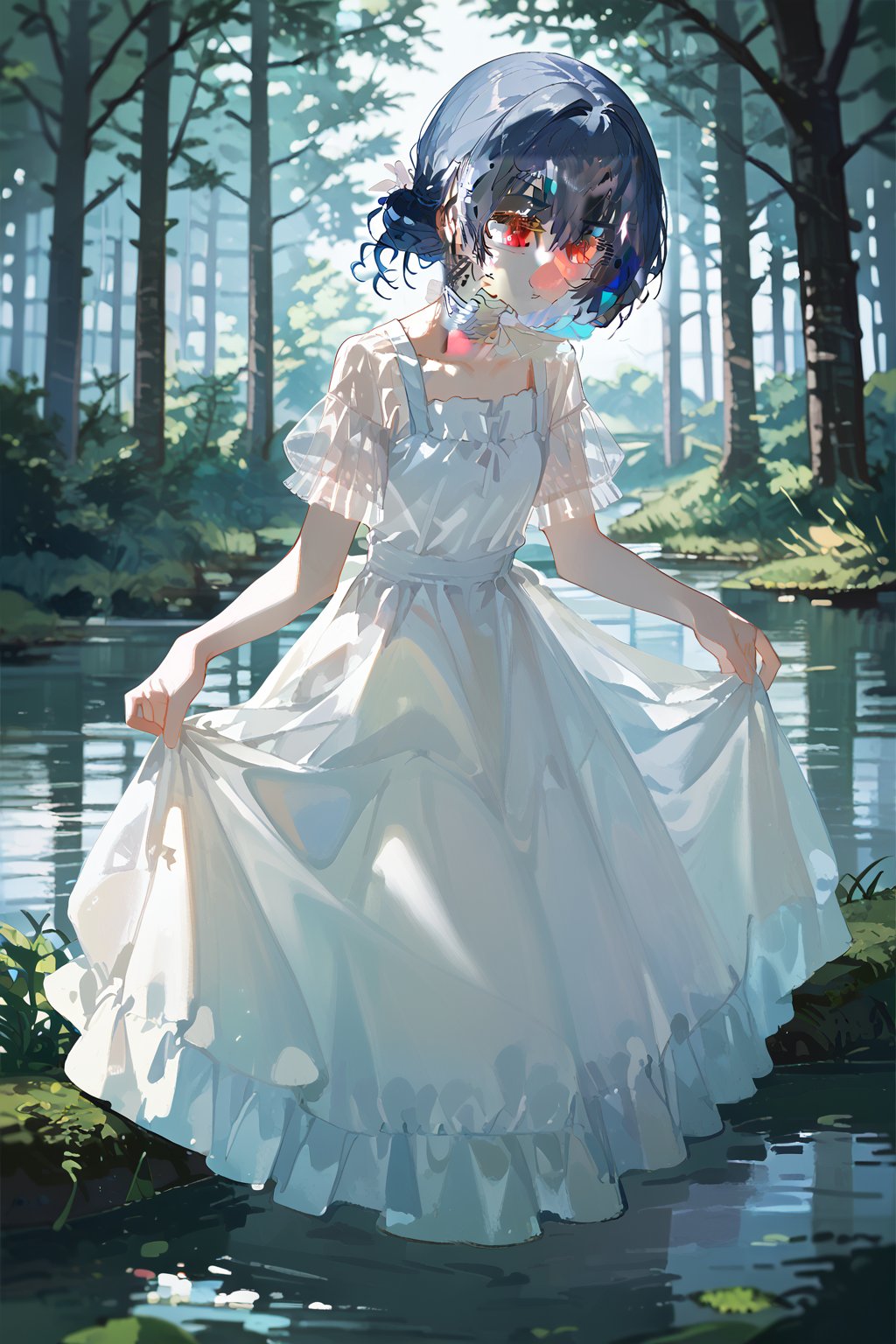 (score_9,score_8_up,score_7_up,score_6_up,score_5_up,score_4_up), anime, 1girl, morino rinze, dark blue hair, single hair bun, multicolored eyes, red eyes, white dress, sundress, short sleeves, see-through sleeves, outdoor, lake, trees, scenery, portrait