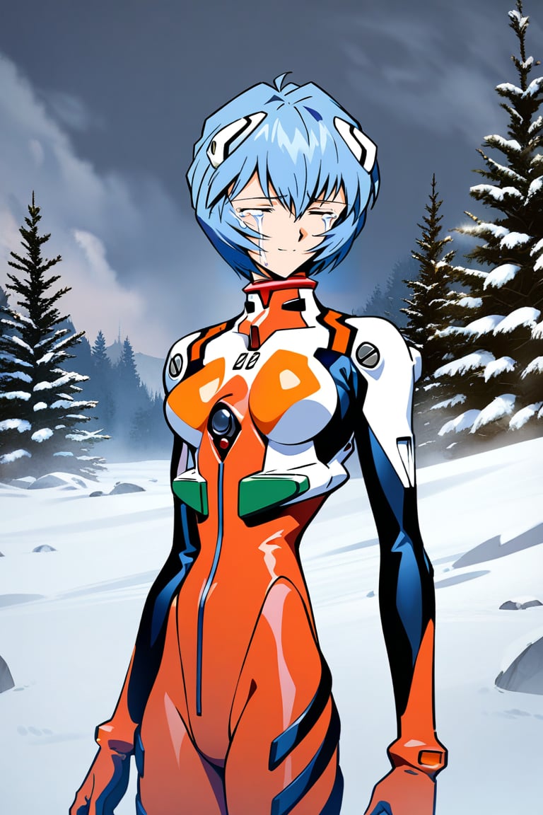 1girl, ayanami rei, neon genesis evangelion, plug-suit, standing, from front, emotionless, closed eyes, BREAK simple background, snow, trees, cloudy sky, masterpiece, best quality, absurdres