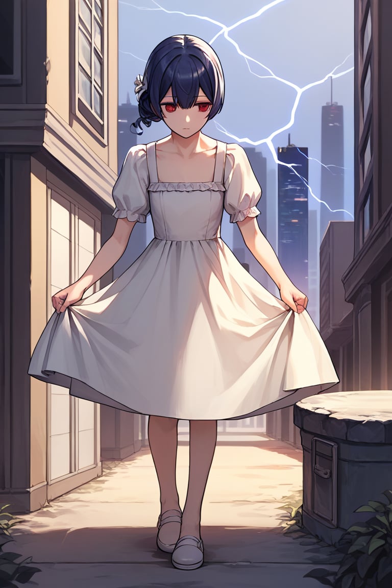 score_9, score_8_up, score_7_up, score_6_up, score_5_up, score_4_up, BREAK source_anime, 1girl, morino rinze, meduim hair, single hair bun, red eyes, white dress, sundress, skirt hold bowing, BREAK outdoor, cityscape, skyscrapers, BREAK rainy weather, raindrop, puddles, lightning