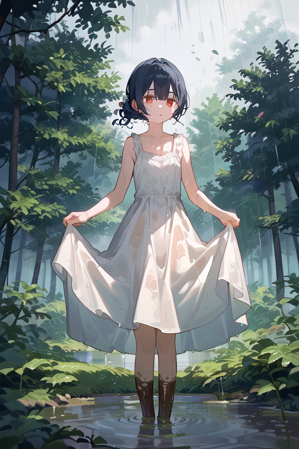 (score_9,score_8_up,score_7_up), morino rinze, 1girl, dark blue hair, single hair bun, red eyes, white dress, sundress, skirt hold bowing, outdoor, tress, river, forest, rainy, wet, mud