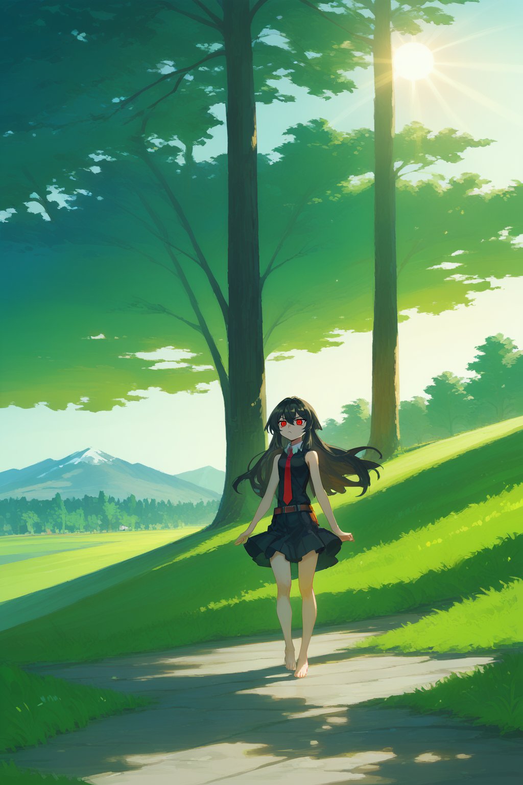 (score_9,score_8_up,score_7_up), wlop, 1girl, Akame, long hair, black hair, red eyes, hair between eyes, skirt, dress, necktie, sleeveless, belt, shirt, black shirt, collared shirt, red necktie, black skirt, barefeet, standing, vanishing point, grass, nature background, landscape, day, sun, sunlight
