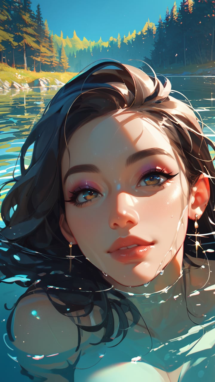 score_9, score_8_up, score_7_up, 1girl, face focus, head portrait, partially submerged, lake, trees