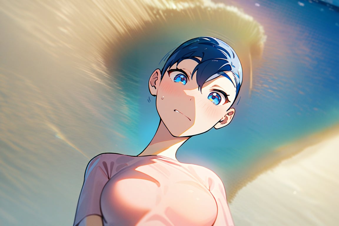 1girl, short hair, blue hair, blue eyes, pink shirt, short sleeves, upper body, outside, sand, sea, masterpiece, best quality, absurdres, very aesthetic, newest, General