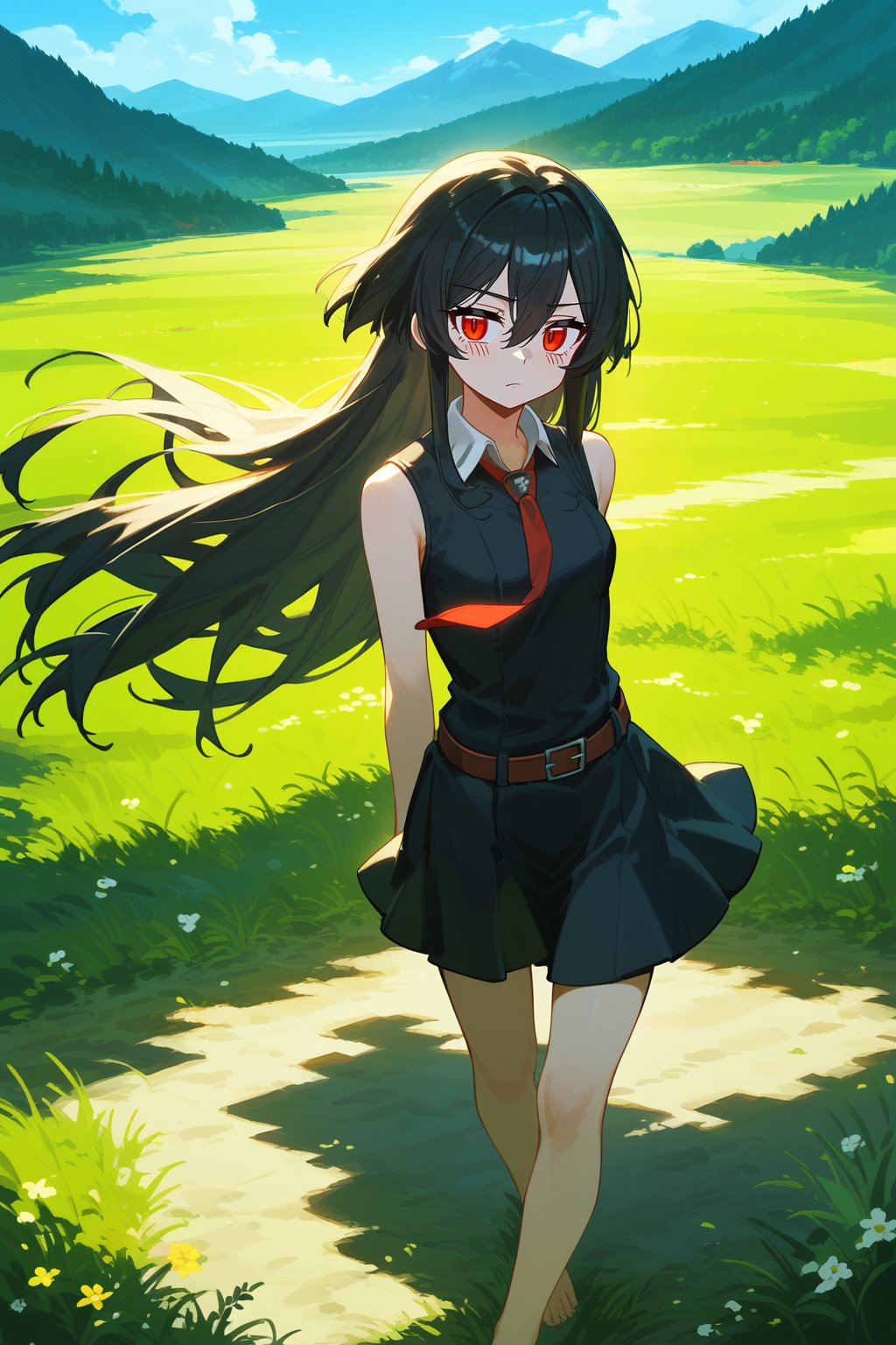 (score_9,score_8_up,score_7_up), wlop, 1girl, Akame, long hair, black hair, red eyes, hair between eyes, skirt, dress, necktie, sleeveless, belt, shirt, black shirt, collared shirt, red necktie, black skirt, barefeet, standing, vanishing point, grass, nature background, landscape, day, sun, sunlight
