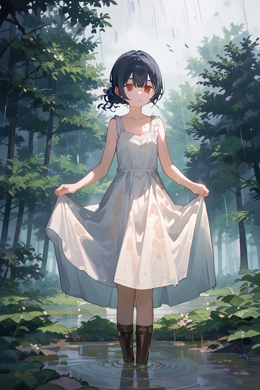 (score_9,score_8_up,score_7_up), morino rinze, 1girl, dark blue hair, single hair bun, red eyes, white dress, sundress, skirt hold bowing, outdoor, tress, river, forest, rainy weather, wet, mud