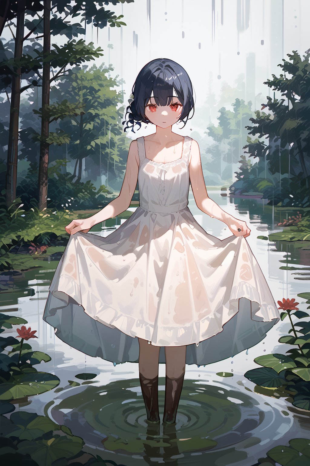 (score_9,score_8_up,score_7_up), morino rinze, 1girl, dark blue hair, single hair bun, red eyes, white dress, sundress, skirt hold bowing, outdoor, tress, river, forest, rainy, wet, mud