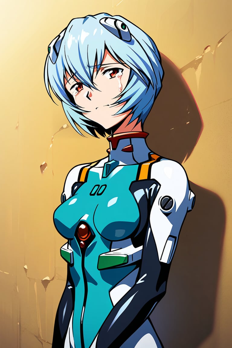 1girl,ayanami rei, plug-suit, standing, upper body, from fornt, BREAK simple background, wall, yellow wallpaper, wind, sunlight, masterpiece, best quality, absurdres