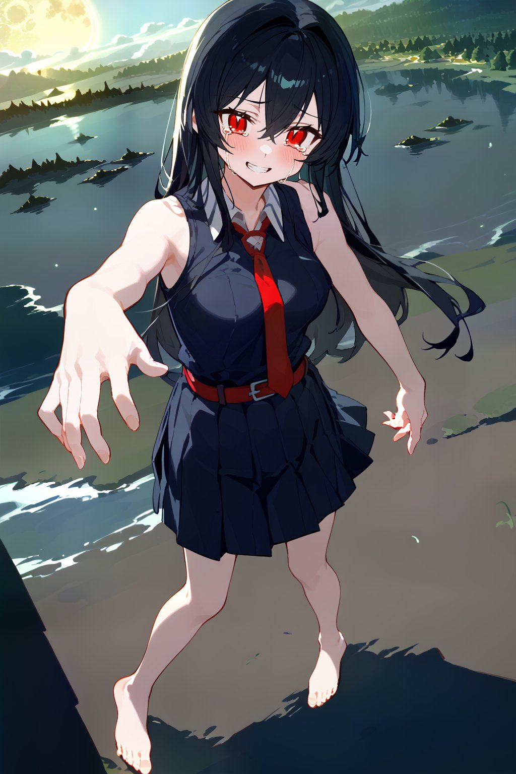 (score_9,score_8_up,score_7_up), flat color, 1girl, Akame, red eyes, black hair, long hair, hair between eyes, medium breasts, black school uniform, sleeveless, bare shoulders, red necktie, pleated skirt, red belt, bare feet, standing, from above, grass, lake, blue sky, complex background, landscape, night sky, full moon, night light, backlighting, dark background