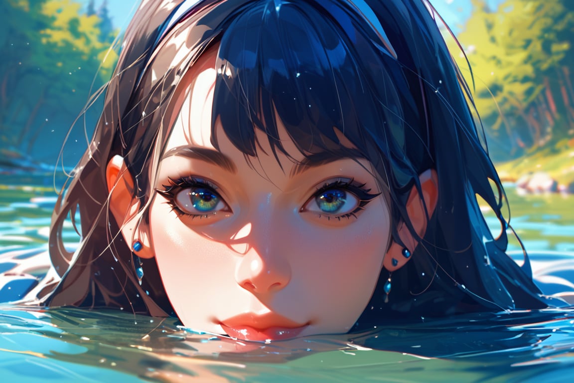 score_9, score_8_up, score_7_up, 1girl, face focus, head portrait, partially submerged, lake, trees