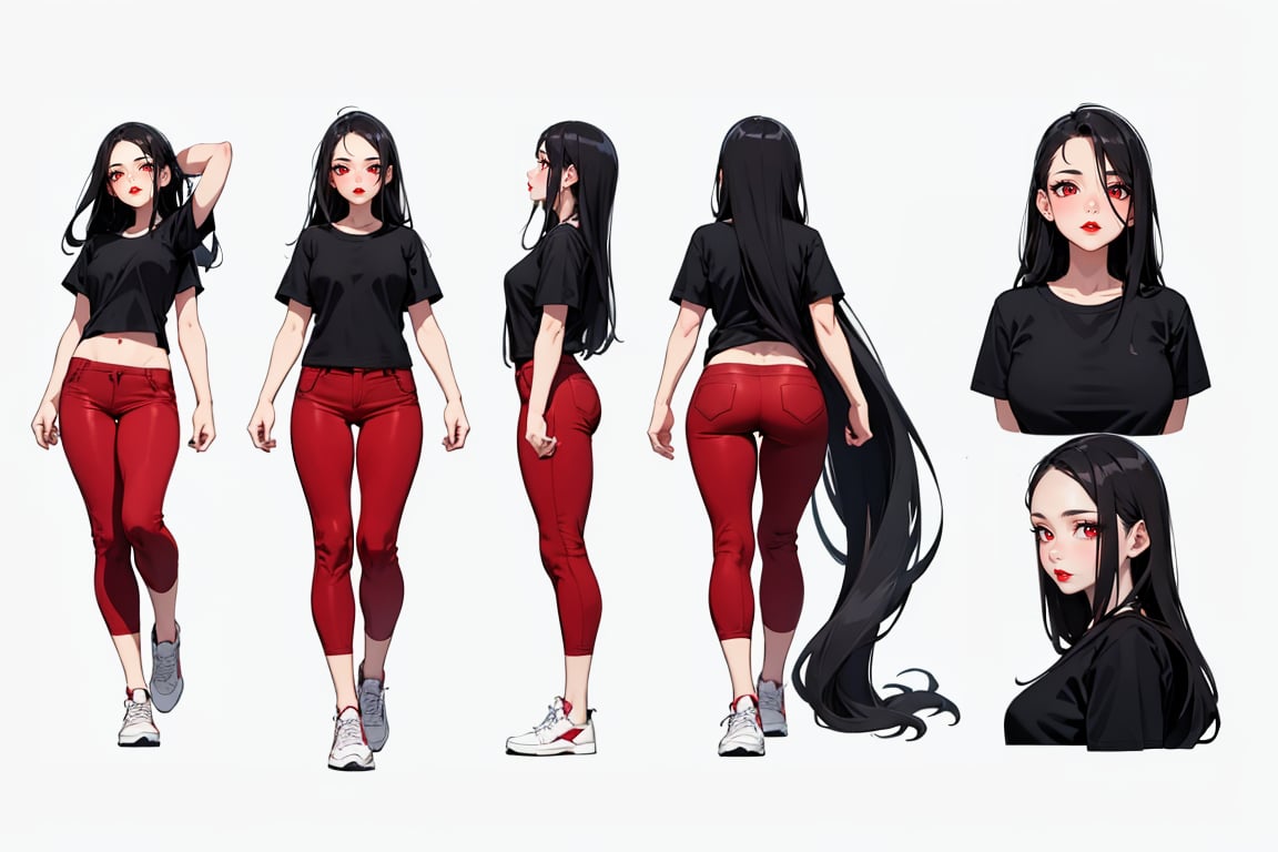 masterpiece, best quality, 1girl, black hair, long hair, straight hair, forehead, black shirt, short sleeve, red pants, sneakers, white background, model sheet, multiple views 