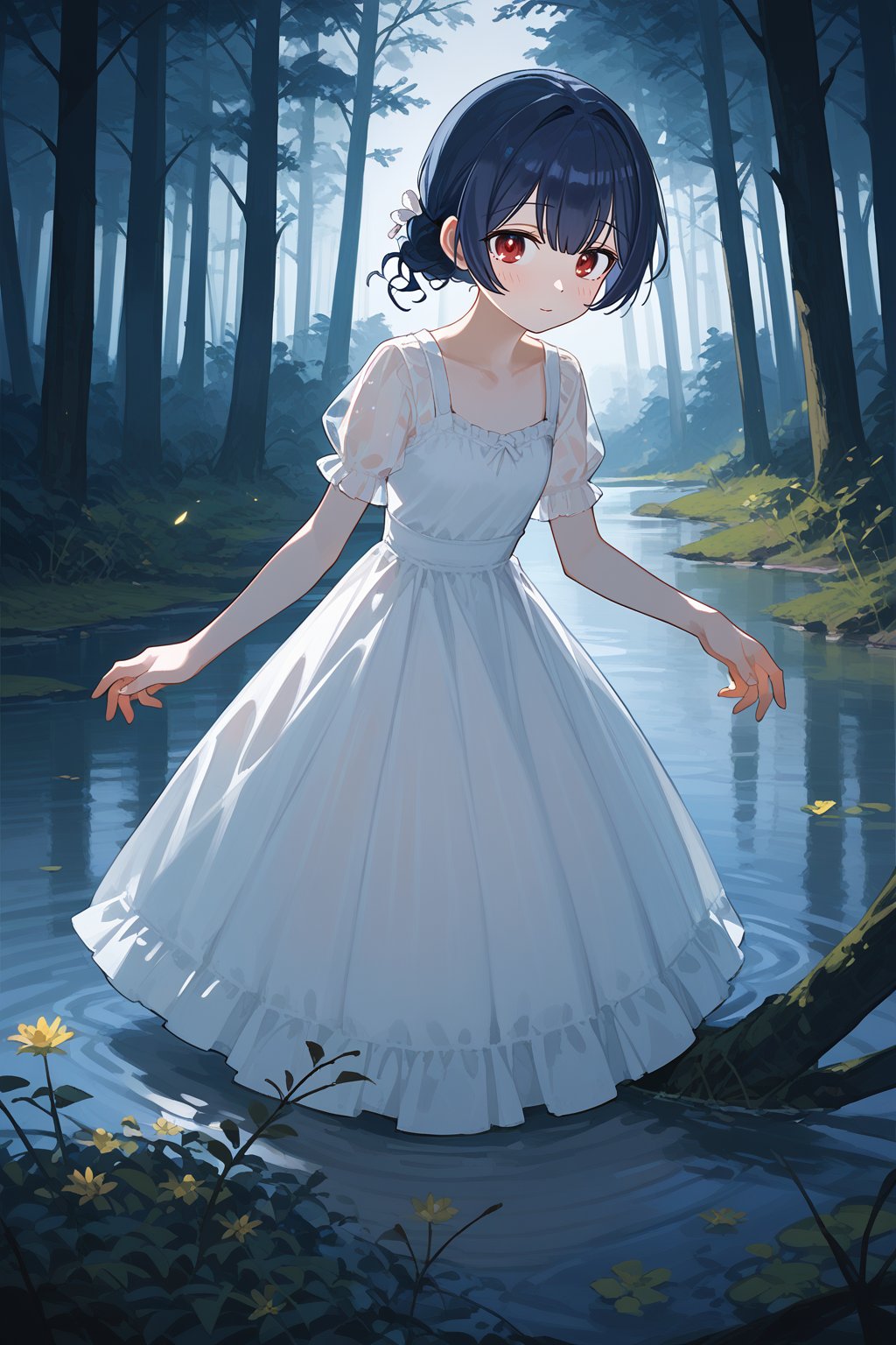 (score_9,score_8_up,score_7_up,score_6_up,score_5_up,score_4_up), anime, 1girl, morino rinze, dark blue hair, single hair bun, red eyes, white dress, sundress, short sleeves, see-through sleeves, outdoor, tress, river, forest, night, darkness, horror 