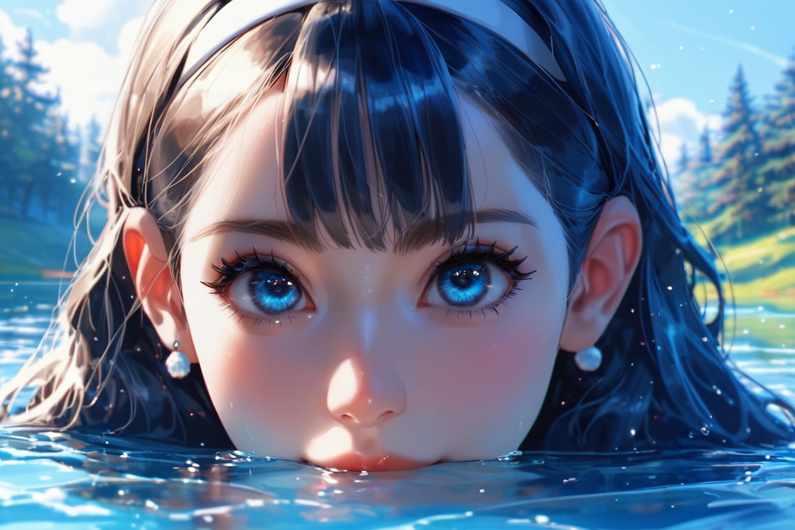 score_9, score_8_up, score_7_up, wlop1girl, face focus, partially submerged, lake, trees, 