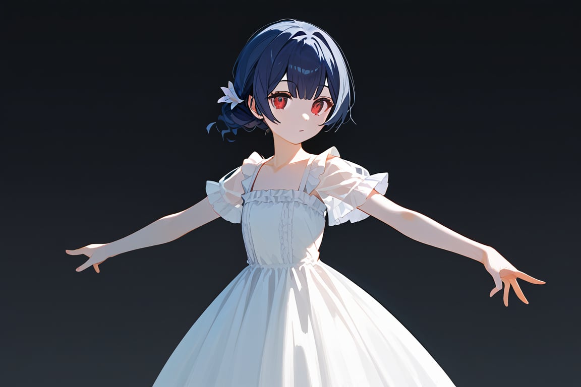 (score_9,score_8_up,score_7_up,score_6_up,score_5_up,score_4_up), morino rinze, 1girl, dark blue hair, single hair bun, multicolored eyes, red eyes, dress, white dress, sundress, frilled dress, short sleeves, see-through sleeves, simple background gradient background, black background