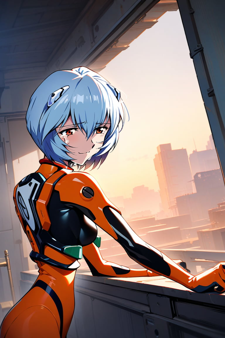 1girl,ayanami rei, plug-suit, standing, upper body, from fornt, BREAK simple background, indoor, balcony, scenery, masterpiece, best quality, absurdres