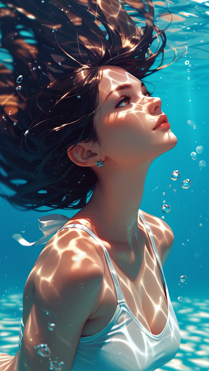 score_9, score_8_up, score_7_up, 1girl, underwater, face, water, partially submerged