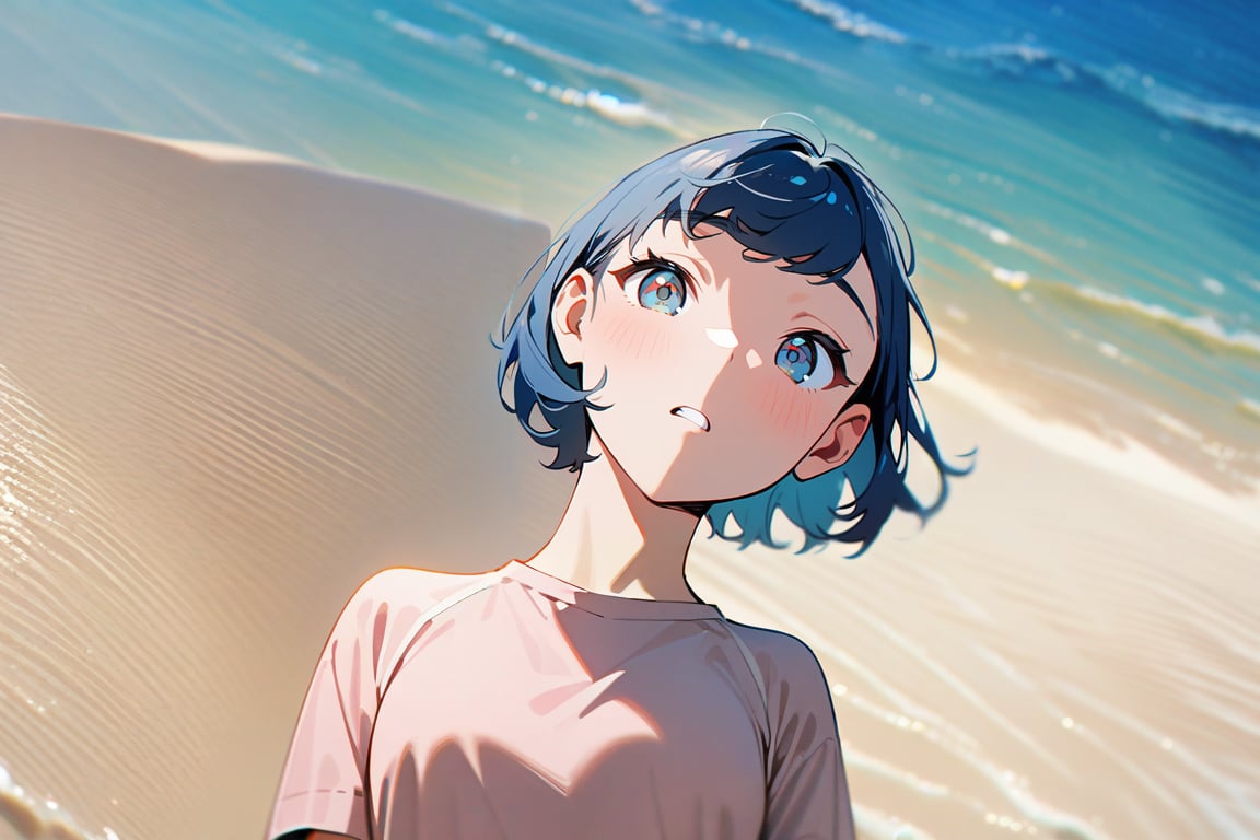 1girl, short hair, blue hair, blue eyes, pink shirt, short sleeves, upper body, from front, outside, sand, sea, masterpiece, best quality, absurdres, very aesthetic, newest, General