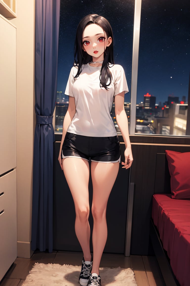 (masterpiece), best quality, highly detailed, 1girl, mature female, black hair, long hair, straight hair, forehead, black eyes, shirt, short sleeve, shorts, sneakers, standing, bedroom, night sky