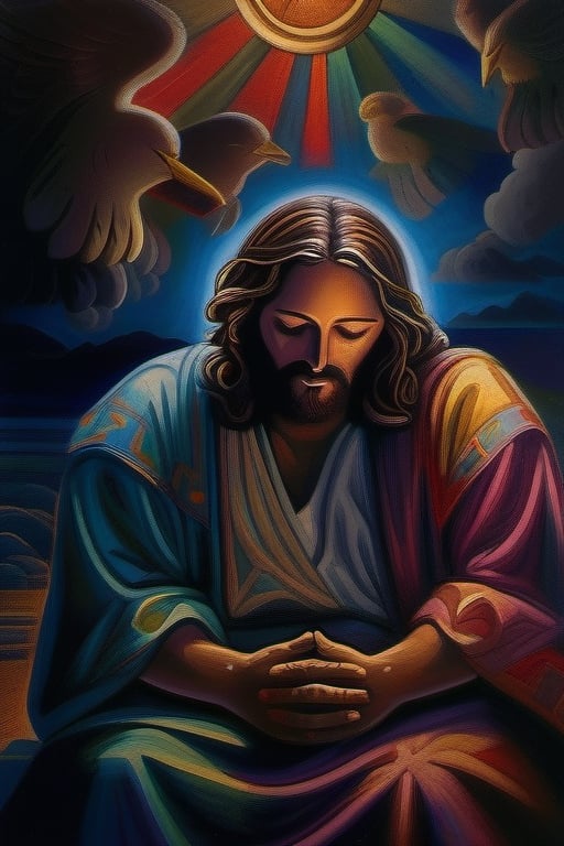 A devout figure, Jesus Christ kneels in prayer at night, eyes closed in deep devotion. The Catholic imagery captures his solemn expression and peaceful demeanor. This breathtaking painting portrays Christ's spiritual connection with vivid colors and intricate details. The scene radiates an aura of holiness and reverence, inviting viewers to experience the profound moment of faith.