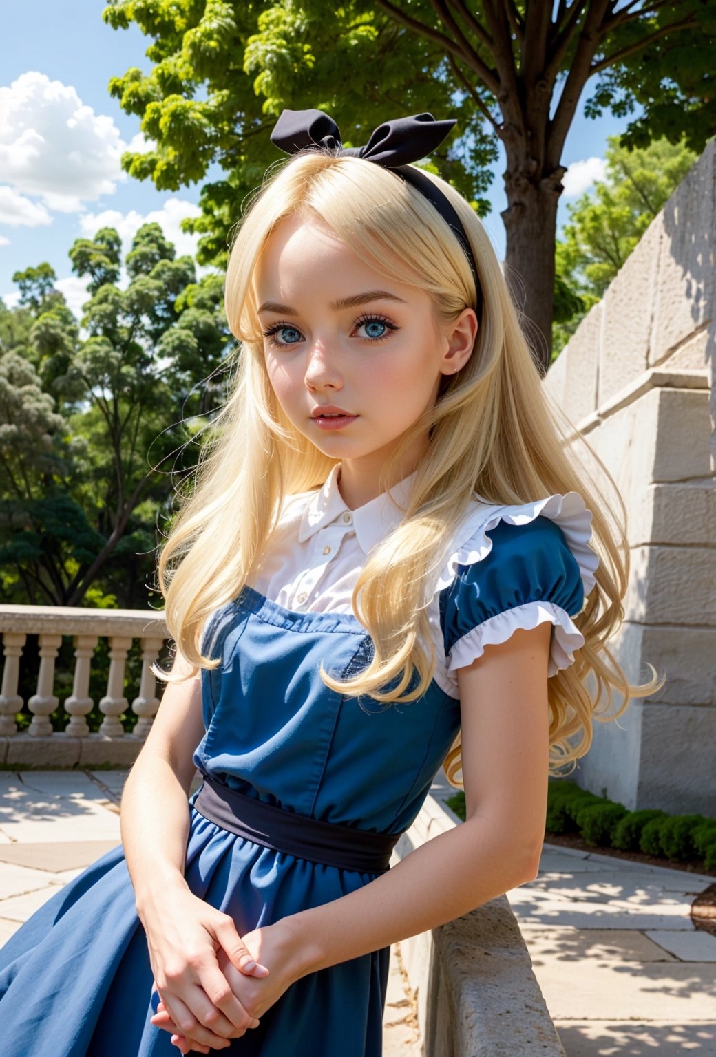 ((ultra detailed, masterpiece, best quality)) DisneyAlice, 1girl, solo, long hair, blonde hair, blue eyes, black hairband, cowboy shot,DisneyAlice