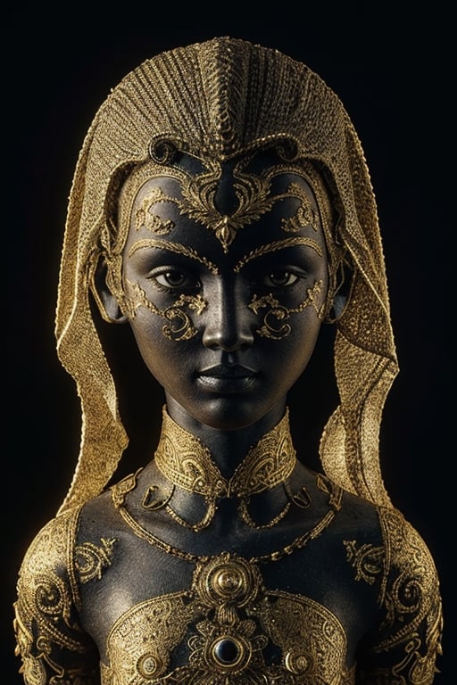 OBJECT: Image depicts an

artificially adorned human-like figure with intricate engravings and luminous inserts.

SPECULATION: Possible ritualistic

avatar or representation of abstract concepts. The glowing elements could signify an importance on energy or light. Usage undetermined but likely significant in human socio-cultural rituals or digital iconography.