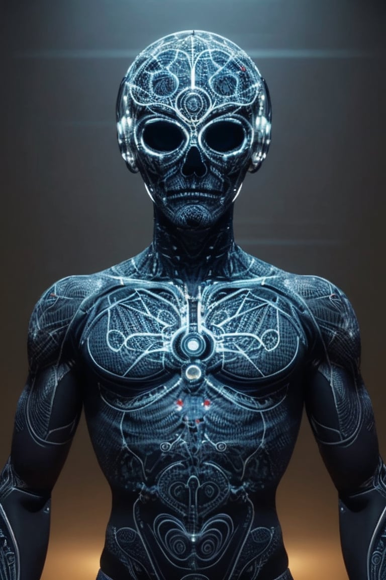 An artificial representation of a human-like entity with intricate patterns and symbols covering its surface. Notably, the head displays a complex geometric mesh possibly symbolizing neural pathways or cultural art. The figure is entwined with corded material, potentially indicating a ritualistic practice or symbol of confinement by the humans. Ssiya argon
Given the nonfunctional nature of this display, it may serve a ceremonial or artistic purpose within human society, reflecting abstract concepts or social constructs not immediately discernible to kyan extraterrestriaaieiail observer.,amon sloth 50/50