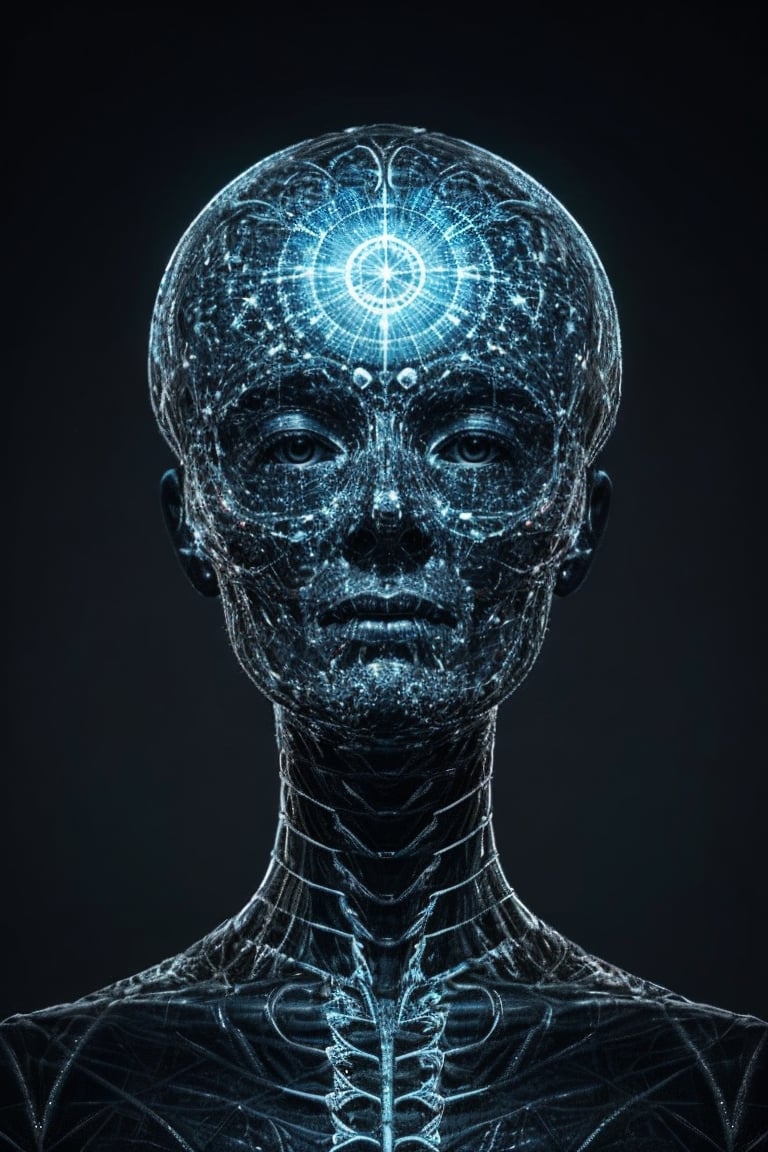 An artificial representation of a human-like entity with intricate patterns and symbols covering its surface. Notably, the head displays a complex geometric mesh possibly symbolizing neural pathways or cultural art. The figure is entwined with corded material, potentially indicating a ritualistic practice or symbol of confinement by the humans. Ssiya argon
Given the nonfunctional nature of this display, it may serve a ceremonial or artistic purpose within human society, reflecting abstract concepts or social constructs not immediately discernible to kyan extraterrestriaaieiail observer.,amon sloth 50/50