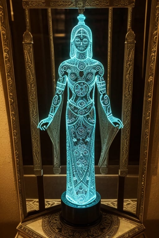 OBJECT: Image depicts an

artificially adorned human-like figure with intricate engravings and luminous inserts.

SPECULATION: Possible ritualistic

avatar or representation of abstract concepts. The glowing elements could signify an importance on energy or light. Usage undetermined but likely significant in human socio-cultural rituals or digital iconography.