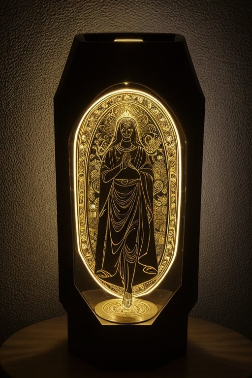 OBJECT: Image depicts an

artificially adorned human-like figure with intricate engravings and luminous inserts.

SPECULATION: Possible ritualistic

avatar or representation of abstract concepts. The glowing elements could signify an importance on energy or light. Usage undetermined but likely significant in human socio-cultural rituals or digital iconography.