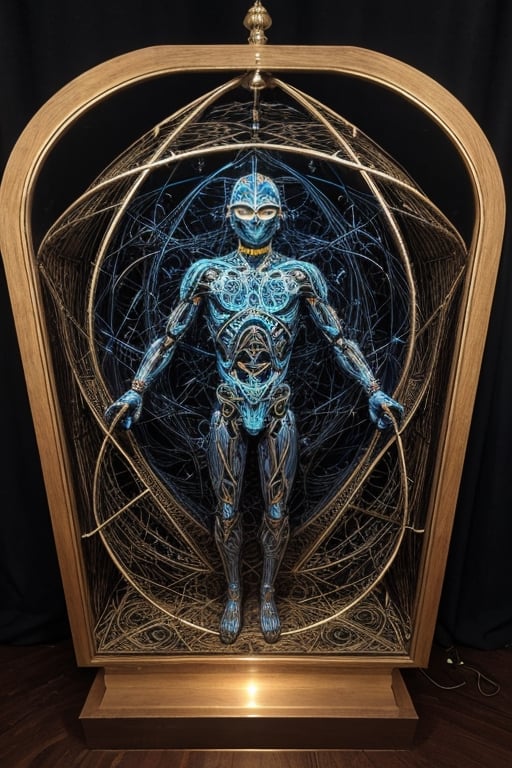 An artificial representation of a human-like entity with intricate patterns and symbols covering its surface. Notably, the head displays a complex geometric mesh possibly symbolizing neural pathways or cultural art. The figure is entwined with corded material, potentially indicating a ritualistic practice or symbol of confinement by the humans. Ssiya argon
Given the nonfunctional nature of this display, it may serve a ceremonial or artistic purpose within human society, reflecting abstract concepts or social constructs not immediately discernible to kyan extraterrestriaaieiail observer.,amon sloth 50/50