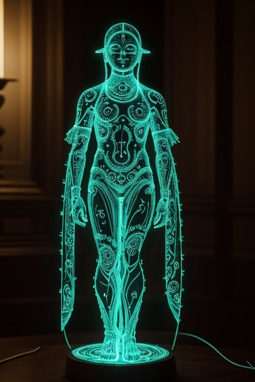 OBJECT: Image depicts an

artificially adorned human-like figure with intricate engravings and luminous inserts.

SPECULATION: Possible ritualistic

avatar or representation of abstract concepts. The glowing elements could signify an importance on energy or light. Usage undetermined but likely significant in human socio-cultural rituals or digital iconography.