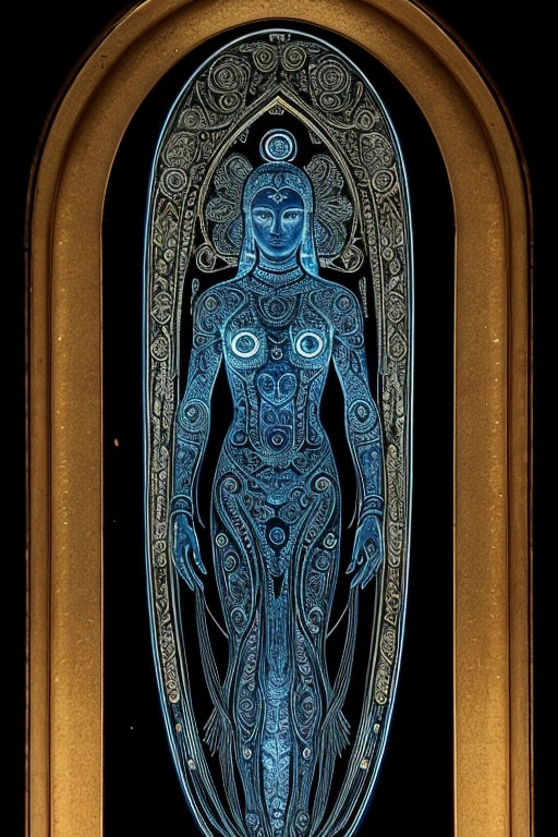 OBJECT: Image depicts an

artificially adorned human-like figure with intricate engravings and luminous inserts.

SPECULATION: Possible ritualistic

avatar or representation of abstract concepts. The glowing elements could signify an importance on energy or light. Usage undetermined but likely significant in human socio-cultural rituals or digital iconography.