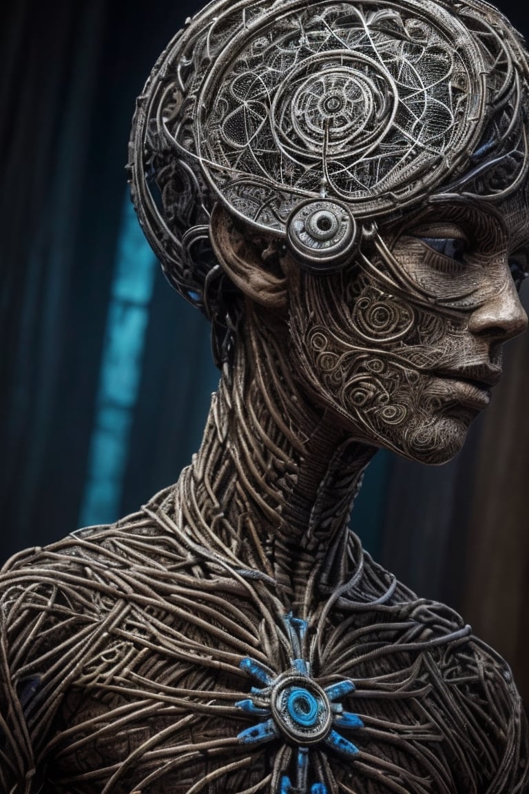 An artificial representation of a human-like entity with intricate patterns and symbols covering its surface. Notably, the head displays a complex geometric mesh possibly symbolizing neural pathways or cultural art. The figure is entwined with corded material, potentially indicating a ritualistic practice or symbol of confinement by the humans. Ssiya argon
Given the nonfunctional nature of this display, it may serve a ceremonial or artistic purpose within human society, reflecting abstract concepts or social constructs not immediately discernible to kyan extraterrestriaaieiail observer.,amon sloth 50/50