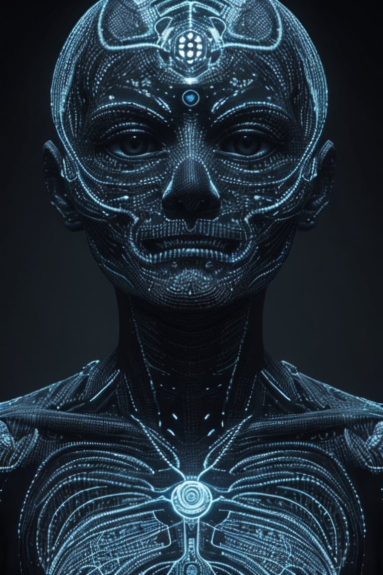 An artificial representation of a human-like entity with intricate patterns and symbols covering its surface. Notably, the head displays a complex geometric mesh possibly symbolizing neural pathways or cultural art. The figure is entwined with corded material, potentially indicating a ritualistic practice or symbol of confinement by the humans. Ssiya argon
Given the nonfunctional nature of this display, it may serve a ceremonial or artistic purpose within human society, reflecting abstract concepts or social constructs not immediately discernible to kyan extraterrestriaaieiail observer.,amon sloth 50/50