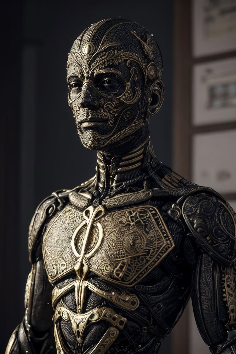 An artificial representation of a human-like entity with intricate patterns and symbols covering its surface. Notably, the head displays a complex geometric mesh possibly symbolizing neural pathways or cultural art. The figure is entwined with corded material, potentially indicating a ritualistic practice or symbol of confinement by the humans. Ssiya argon
Given the nonfunctional nature of this display, it may serve a ceremonial or artistic purpose within human society, reflecting abstract concepts or social constructs not immediately discernible to kyan extraterrestriaaieiail observer.,amon sloth 50/50