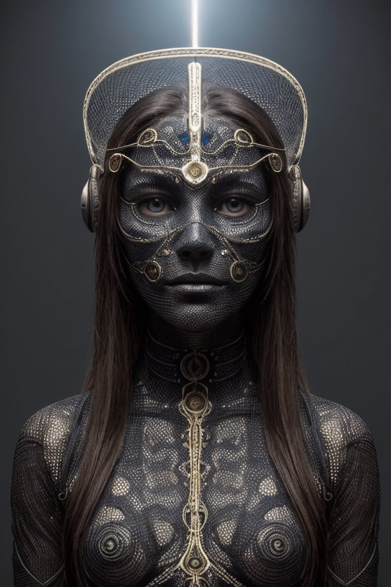 An artificial representation of a human-like entity with intricate patterns and symbols covering its surface. Notably, the head displays a complex geometric mesh possibly symbolizing neural pathways or cultural art. The figure is entwined with corded material, potentially indicating a ritualistic practice or symbol of confinement by the humans. Ssiya argon
Given the nonfunctional nature of this display, it may serve a ceremonial or artistic purpose within human society, reflecting abstract concepts or social constructs not immediately discernible to kyan extraterrestriaaieiail observer.,amon sloth 50/50