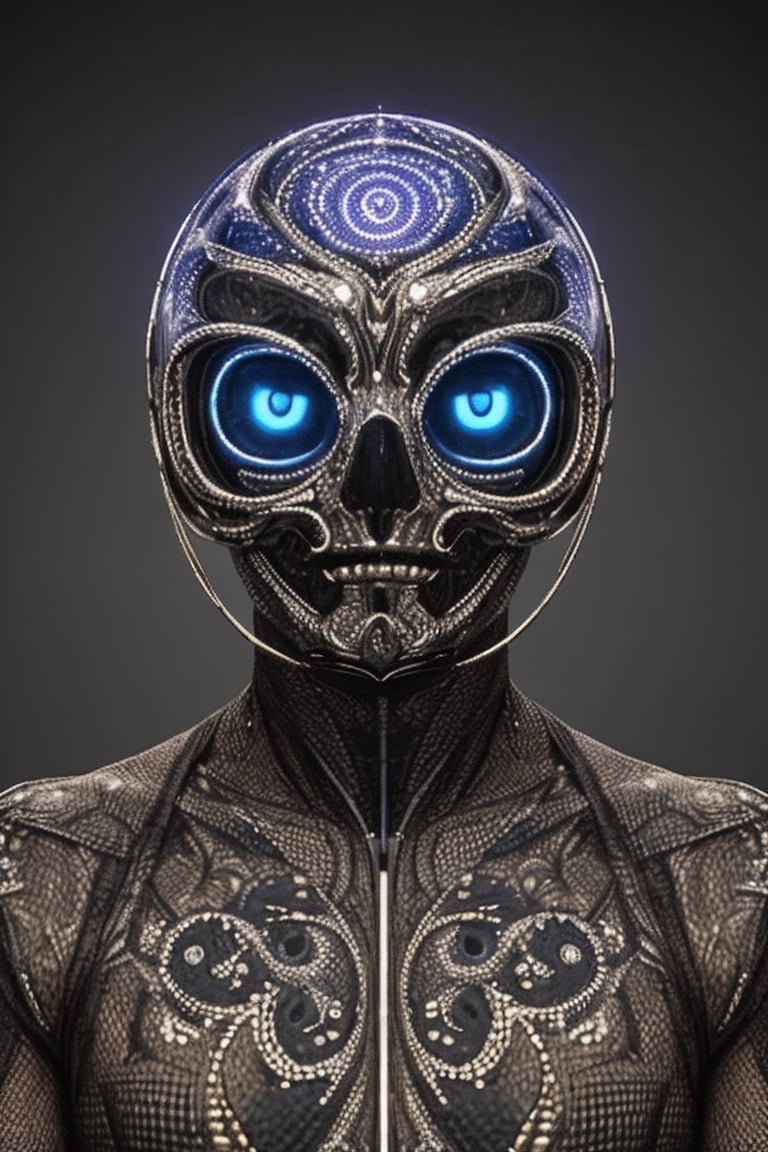 An artificial representation of a human-like entity with intricate patterns and symbols covering its surface. Notably, the head displays a complex geometric mesh possibly symbolizing neural pathways or cultural art. The figure is entwined with corded material, potentially indicating a ritualistic practice or symbol of confinement by the humans. Ssiya argon
Given the nonfunctional nature of this display, it may serve a ceremonial or artistic purpose within human society, reflecting abstract concepts or social constructs not immediately discernible to kyan extraterrestriaaieiail observer.,amon sloth 50/50