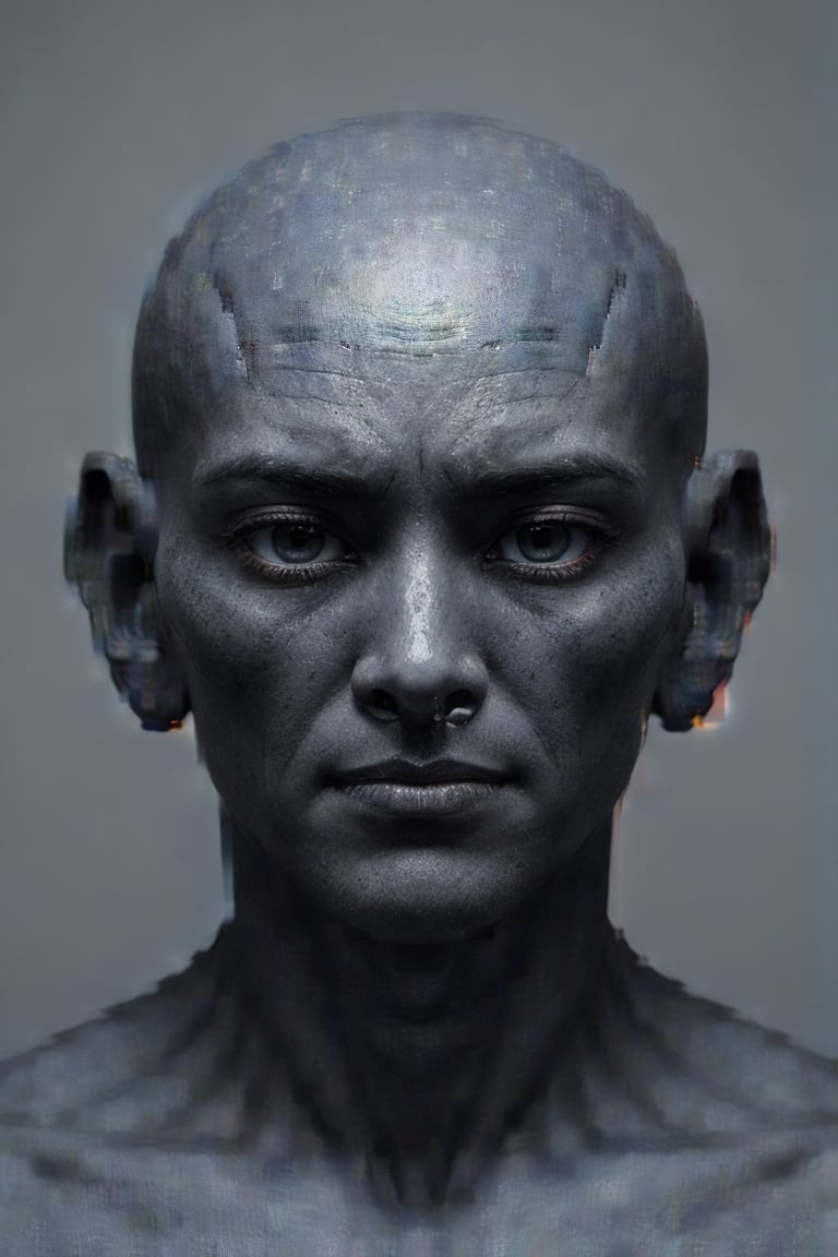 The image features an alien face with intricate details, such as the eyes and the intricate design on its forehead. The background is black, and there's a blue hue to the whole image.