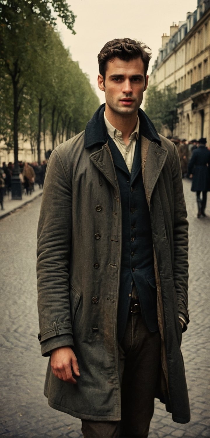 a depressed scholar wandering, ((sean o pry)), handsome french man, victorean era, outdoors, standing in a parisian street (1800s), wearing rugged coat, dirty, porverty, homeless, dark academia, industrial era, Prince Lev Nikolayevich Myshkin, fyodor dostoevsky, regency era, sophisticated, photorealistic, photography, stubble, scruffy face, youthful, 18 years old, hot, thin, perfect eyes, alpha male, masculine, 8k, realistic, defined jawline, dark cinematic lighting, very dramatic scene, masterpiece, pale skin, more detail XL,  8k uhd, dslr, global lighting, high quality, Fujifilm XT3, sharp focus, emitting diodes, Movie Still, (vacations, high resolution:1.3), (small, selective focus, european film:1.2), (sexual advance:1.1), cowboy_shot, analog