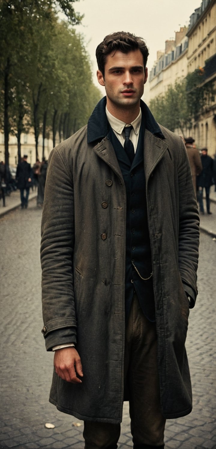 a depressed scholar wandering, ((sean o pry)), handsome french man, victorean era, outdoors, standing in a parisian street (1800s), wearing rugged coat, dirty, porverty, homeless, dark academia, industrial era, Prince Lev Nikolayevich Myshkin, fyodor dostoevsky, regency era, sophisticated, photorealistic, photography, stubble, scruffy face, youthful, 18 years old, hot, thin, perfect eyes, alpha male, masculine, 8k, realistic, defined jawline, dark cinematic lighting, very dramatic scene, masterpiece, pale skin, more detail XL,  8k uhd, dslr, global lighting, high quality, Fujifilm XT3, sharp focus, emitting diodes, Movie Still, (vacations, high resolution:1.3), (small, selective focus, european film:1.2), (sexual advance:1.1), cowboy_shot, analog