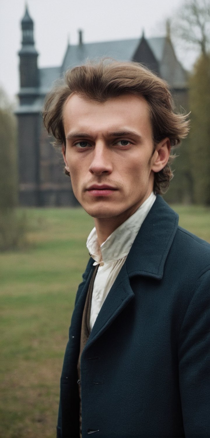 ((Rodion Romanovich Raskolnikov)), 23-year-old russian man, badly shaved, exceptionally handsome, tall, slim, well built, with beautiful dark eyes and dark blonde hair, wearing a modified student overcoat, Victorian era, 1800s, (((Marlon Teixera))), regency, old time, poor, beggar psychopath, insomniac, thin, skinny, paranoid, realistic, photorealistic, perfect eyes, alpha male, masculine, 8k, realistic, defined jawline, dark cinematic lighting, very dramatic scene, masterpiece, pale skin, more detail XL,  8k uhd, dslr, global lighting, high quality, Fujifilm XT3, sharp focus, emitting diodes, Movie Still, (vacations, high resolution:1.3), (small, selective focus, european film:1.2), (sexual advance:1.1), cowboy_shot, greg rutkowski,analog,tintime,AnalogRedmAF,Extremely Realistic,real_booster,Stylish