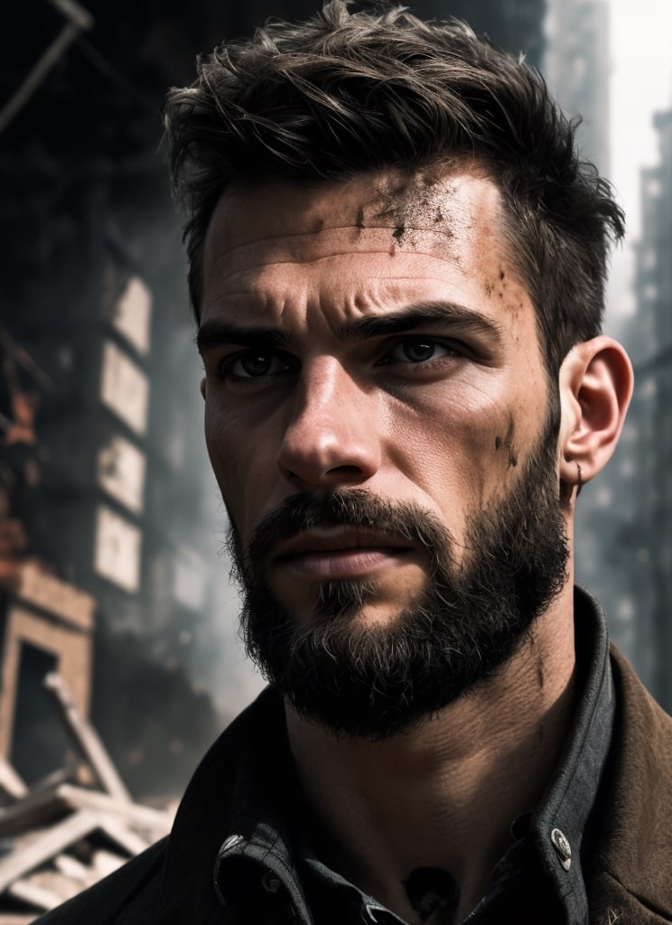 image of a thin punk man in a middle of an apocalypse ruins, retro, post-apocalyptic, messy_hair, stubble, steampunk clothes, dark fantasy, sleazy, defined jawline, very crooked nose, mature, manly, old skool, cybercore, HQ, 8k, realistic, photorealistic, cinematic lighting, moving, emotional, very original, new, newest, very creative, dramatic, male focus, post-apocalypic_fashion, absurd res, perspective, detailed background, background blur, focus, handsome male, Gen X Club