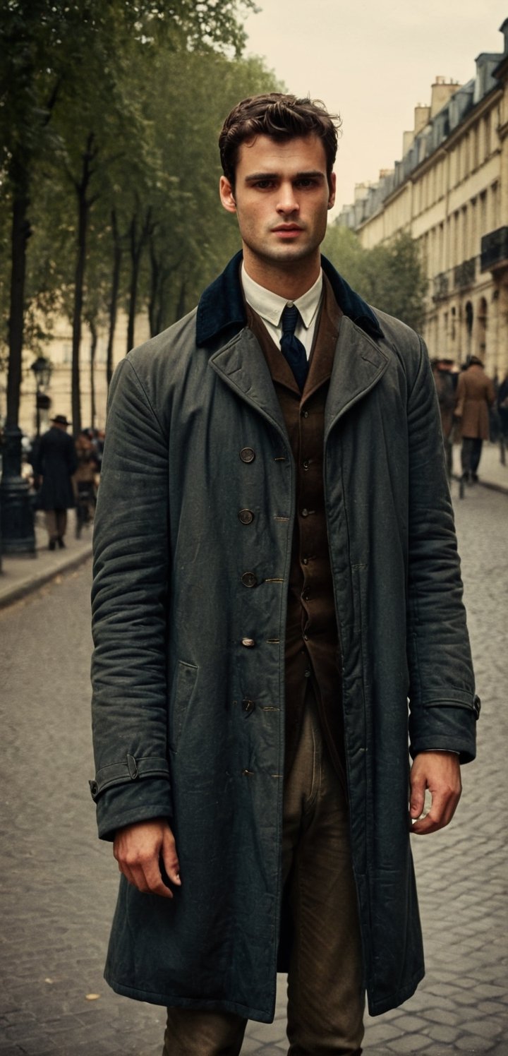 a depressed scholar wandering, ((sean o pry)), handsome french man, victorean era, outdoors, standing in a parisian street (1800s), wearing rugged coat, dirty, porverty, homeless, dark academia, industrial era, Prince Lev Nikolayevich Myshkin, fyodor dostoevsky, regency era, sophisticated, photorealistic, photography, stubble, scruffy face, youthful, 18 years old, hot, thin, perfect eyes, alpha male, masculine, 8k, realistic, defined jawline, dark cinematic lighting, very dramatic scene, masterpiece, pale skin, more detail XL,  8k uhd, dslr, global lighting, high quality, Fujifilm XT3, sharp focus, emitting diodes, Movie Still, (vacations, high resolution:1.3), (small, selective focus, european film:1.2), (sexual advance:1.1), cowboy_shot, analog