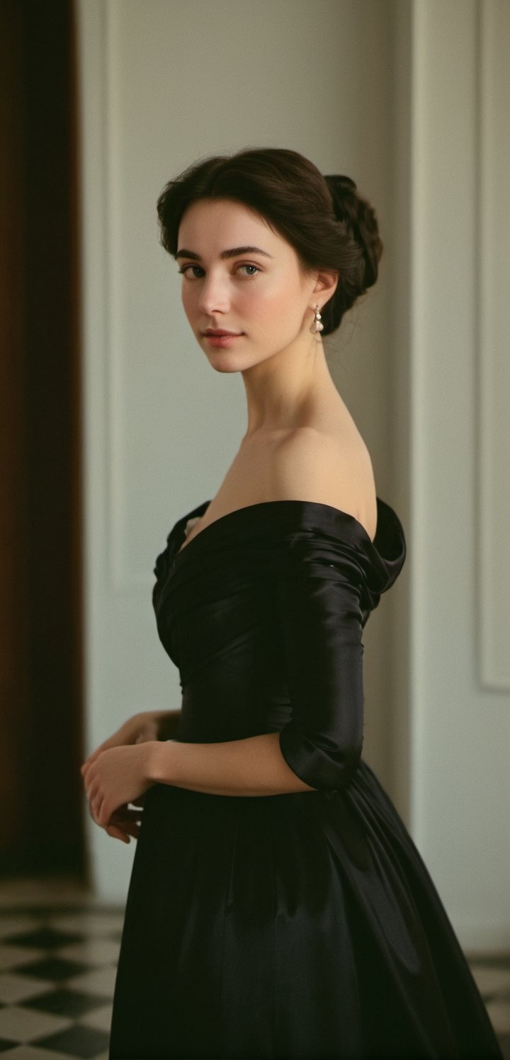 portrait of a wonderfully beautiful woman wearing a black silk dress of an simple and elegant cut, homely style dark brown hair, thin face, pale skin, russian woman, modest, Natasya Filippovna, 1800s style, 1869, painting, regency era, more detail XL, 8k uhd, dslr, global lighting, high quality, Fujifilm XT3, sharp focus, emitting diodes, Movie Still, (vacations, high resolution:1.3), (small, selective focus, european film:1.2), (sexual advance:1.1), cowboy_shot, analog,analog,Movie Still