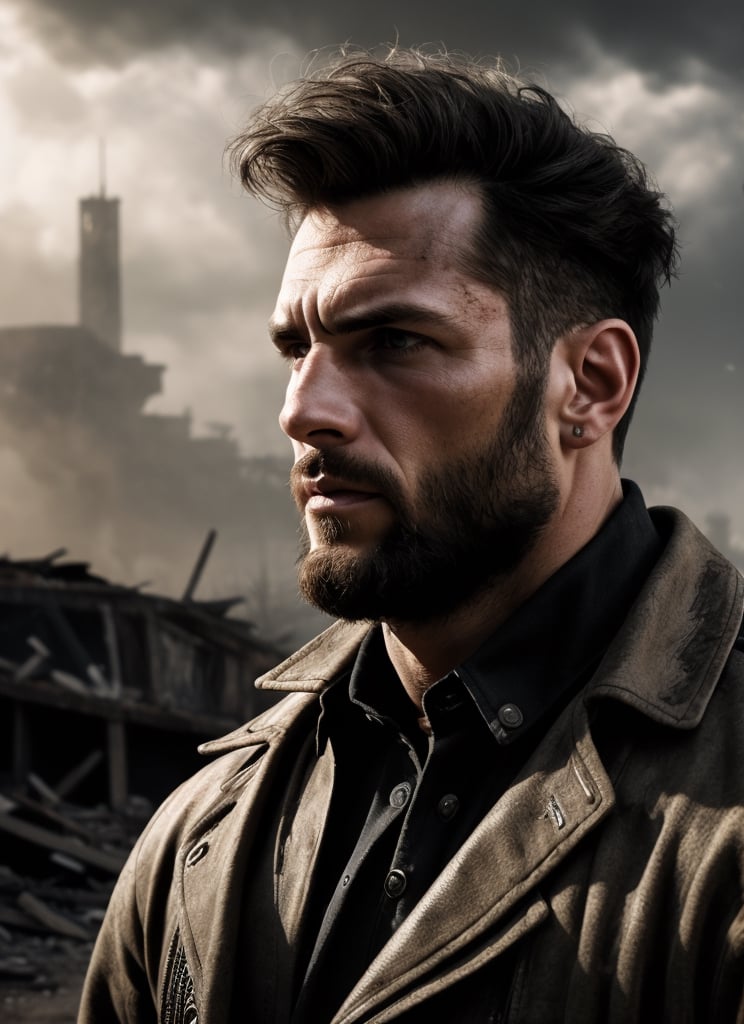 image of a thin punk man in a middle of an apocalypse ruins, retro, post-apocalyptic, messy_hair, stubble, steampunk clothes, dark fantasy, sleazy, defined jawline, very crooked nose, mature, manly, old skool, cybercore, cowboy_shot, HQ, 8k, realistic, photorealistic, cinematic lighting, moving, emotional, very original, new, newest, very creative, dramatic, male focus, post-apocalypic_fashion, absurd res, perspective, detailed background, background blur, focus, handsome male, Gen X Club