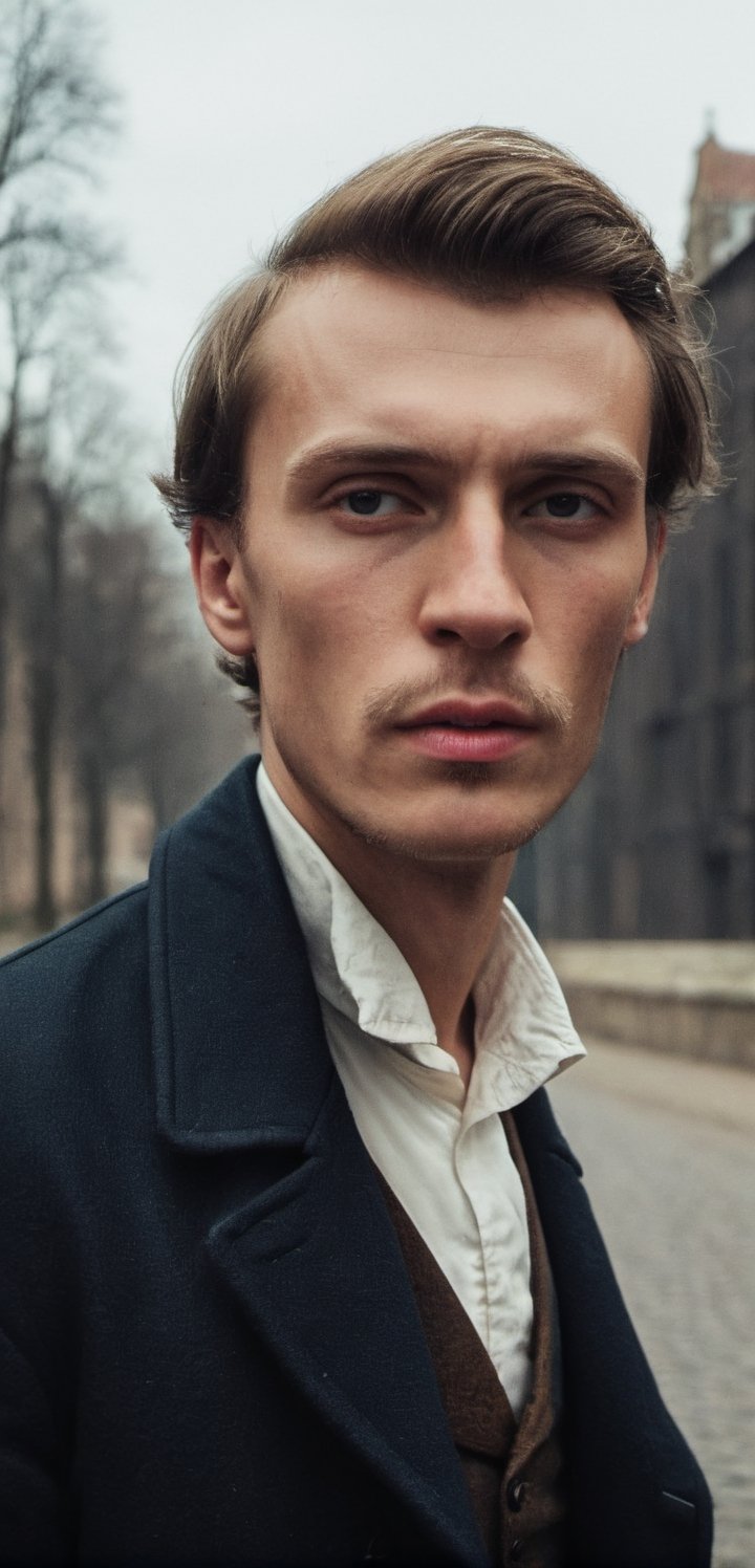 ((Rodion Romanovich Raskolnikov)), 23-year-old russian man, badly shaved, exceptionally handsome, tall, slim, well built, with beautiful dark eyes and dark blonde hair, wearing a modified student overcoat, Victorian era, 1800s, (((Marlon Teixera))), regency, old time, poor, beggar psychopath, insomniac, thin, skinny, paranoid, realistic, photorealistic, perfect eyes, alpha male, masculine, 8k, realistic, defined jawline, dark cinematic lighting, very dramatic scene, masterpiece, pale skin, more detail XL,  8k uhd, dslr, global lighting, high quality, Fujifilm XT3, sharp focus, emitting diodes, Movie Still, (vacations, high resolution:1.3), (small, selective focus, european film:1.2), (sexual advance:1.1), cowboy_shot, greg rutkowski,analog,tintime,AnalogRedmAF,Extremely Realistic,real_booster,Stylish