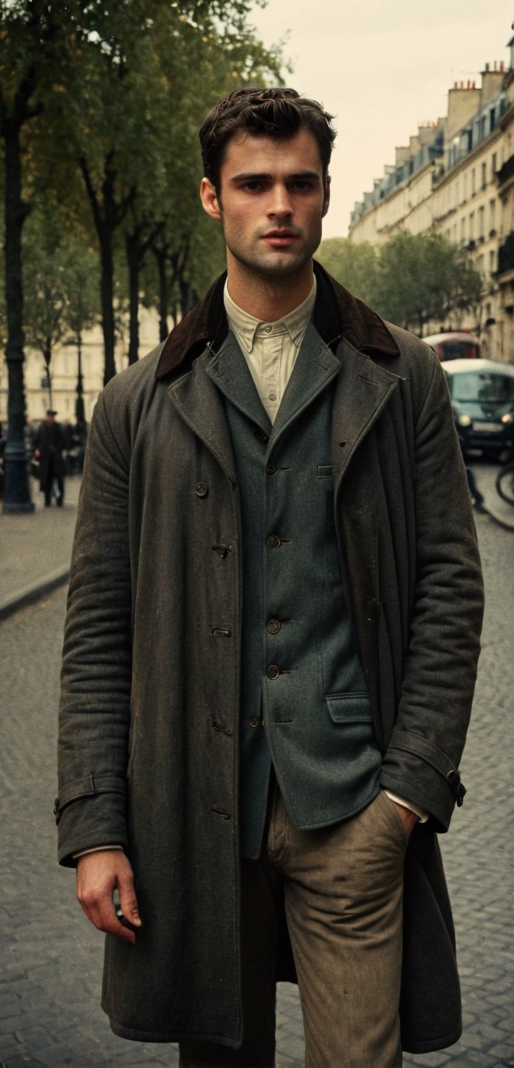 a depressed scholar wandering, ((sean o pry)), handsome french man, victorean era, outdoors, standing in a parisian street (1800s), wearing rugged coat, dirty, porverty, homeless, dark academia, industrial era, Prince Lev Nikolayevich Myshkin, fyodor dostoevsky, regency era, sophisticated, photorealistic, photography, stubble, scruffy face, youthful, 18 years old, hot, thin, perfect eyes, alpha male, masculine, 8k, realistic, defined jawline, dark cinematic lighting, very dramatic scene, masterpiece, pale skin, more detail XL,  8k uhd, dslr, global lighting, high quality, Fujifilm XT3, sharp focus, emitting diodes, Movie Still, (vacations, high resolution:1.3), (small, selective focus, european film:1.2), (sexual advance:1.1), cowboy_shot, analog