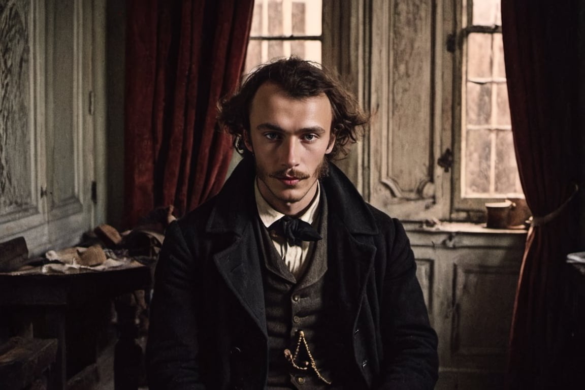 ((Rodion Romanovich Raskolnikov)), 23-year-old russian man, badly shaved, exceptionally handsome, tall, slim, well built, with beautiful dark eyes and dark blonde hair, wearing a modified student overcoat, Victorian era, 1800s, (((Marlon Teixera))), regency, old time, poor, beggar psychopath, insomniac, thin, skinny, paranoid, realistic, photorealistic, perfect eyes, alpha male, masculine, 8k, realistic, defined jawline, dark cinematic lighting, very dramatic scene, masterpiece, pale skin, more detail XL,  8k uhd, dslr, global lighting, high quality, Fujifilm XT3, sharp focus, emitting diodes, Movie Still, (vacations, high resolution:1.3), (small, selective focus, european film:1.2), (sexual advance:1.1), cowboy_shot, greg rutkowski,analog,tintime,AnalogRedmAF,Extremely Realistic,real_booster,Stylish